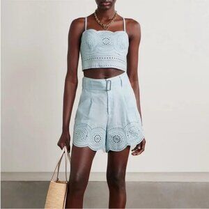 A.L.C. Pale Blue Scalloped Eyelet High-Waist Shorts